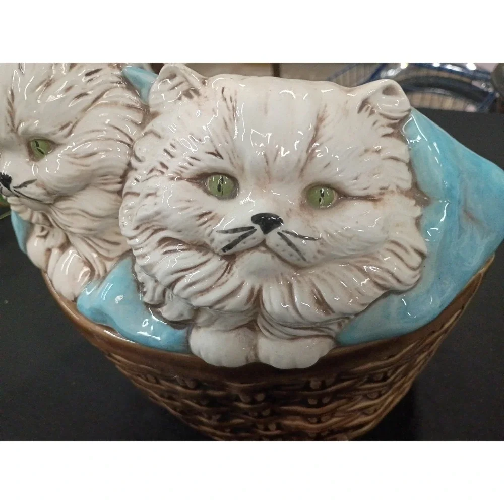 Large Ceramic Cats in a Basket Storage Lid Persian Vintage Hand Painted Signed‎